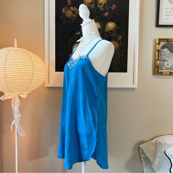 Vintage 90s Sears blue floral satin mini nightgown slip dress M - Picture 2 of 10